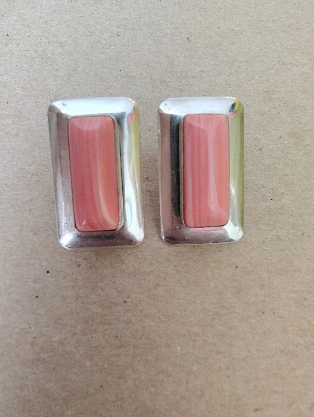 Pink Rectangular Stone Silver-Tone Stud Earrings - Women Jewelry